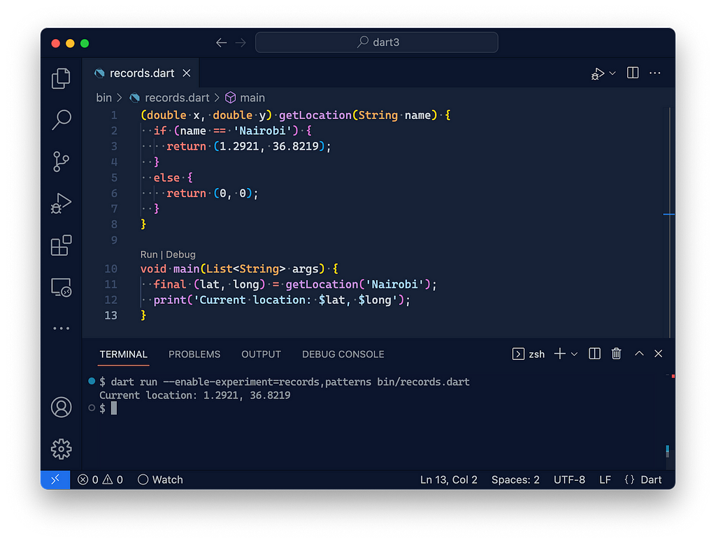 An image of VSCode running a demo of the new records and patterns features. It shows that Dart can now return multiple values. The code for the demo is at https://gist.github.com/timsneath/a75fd9f76b5b61c42676c9232160d14d