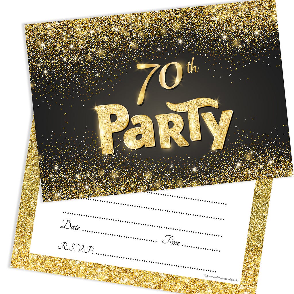 Black and Gold Effect 70th Birthday Party Invitations Ready to Write with Envelopes (Pack 10
