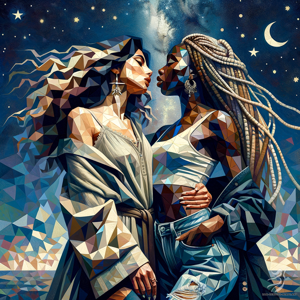 Two  women one of them with flowing locks hairstyle and wearing tunic and leggings and the other with braids hairstyle and wearing ripped jeans and a crop top are gazing into each other’s eyes in a close embrace in the galaxy , rendered in a style that emphasizes geometric forms, abstract figures, and fragmented perspectives