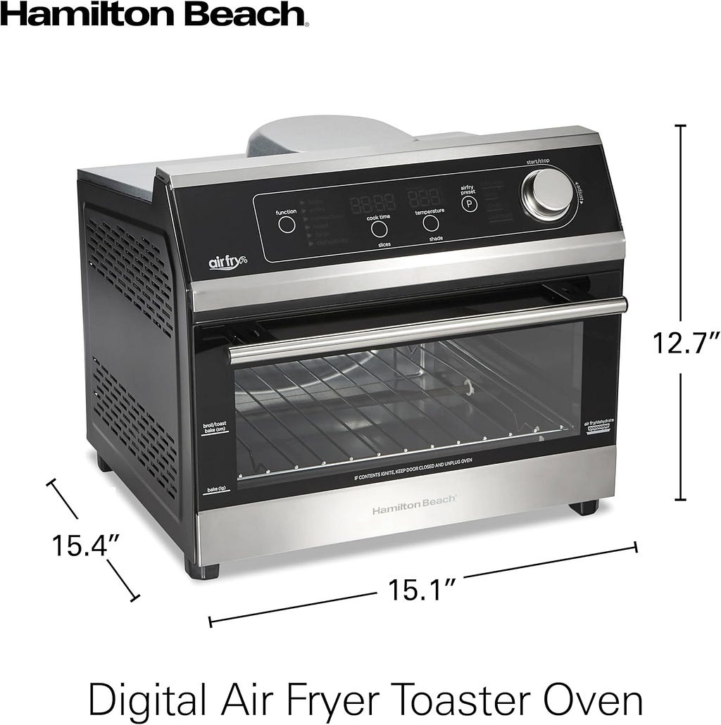 Hamilton Beach Digital Toaster Oven Air Fryer Combo, 10 Ways to Cook, 4 Preset Functions, Stay On  1800 Watts, LED Capacitive-Touch Controls, 2 Rack Positions, Fits 12” Pizza, Black  Stainless Steel