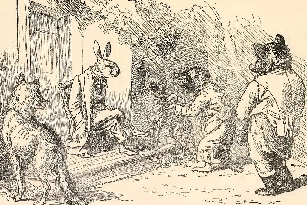 A black and white line drawing of a rabbit in a jacket, shirt, and pants, sitting cross-legged in a chair and talkings to a bear and raccoon, both also in shirts and jackets.