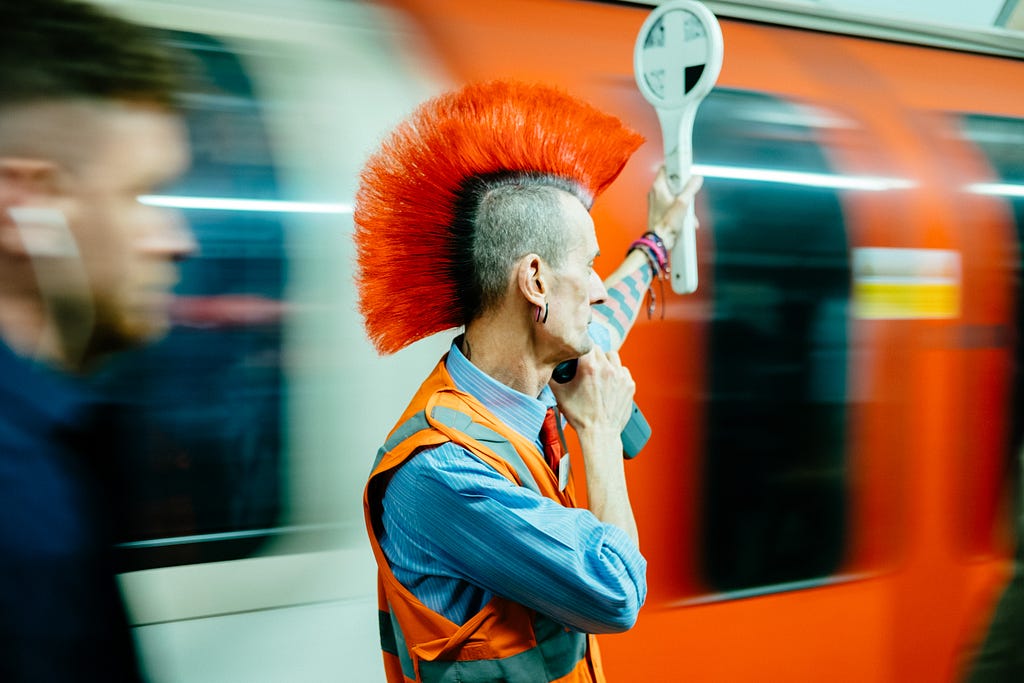 London Underground worker with red mohawk (not Lee from Kent Carpet Cleaning)