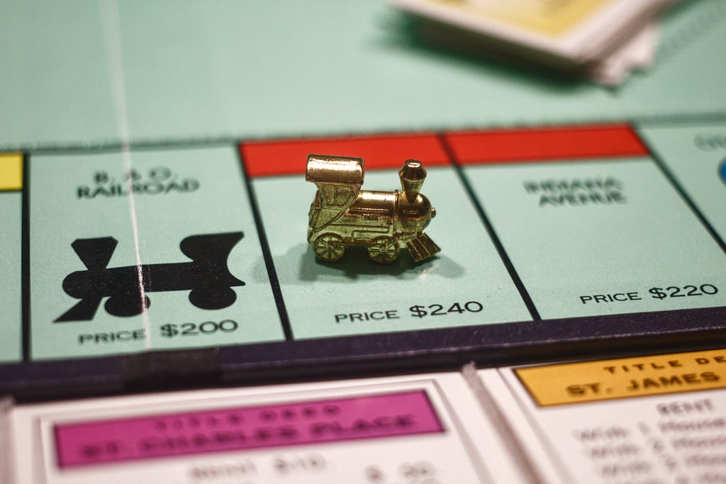 Close up photo of a Monopoly game board.