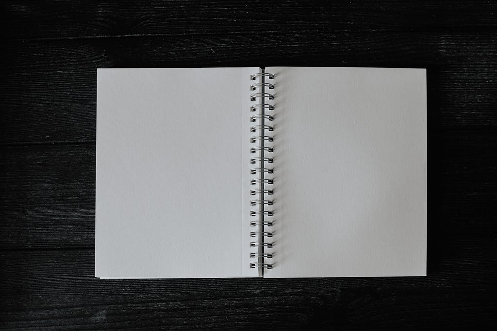 An open blank notebook — no words, nothing.