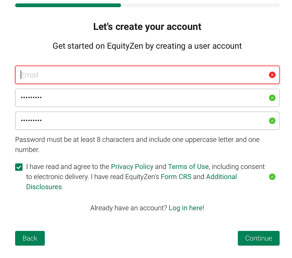 EquityZen — Screen of account creation