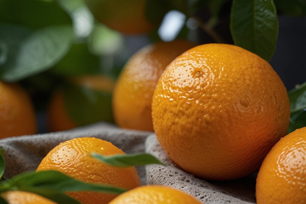 Close-up of fresh, dewy hydroponic oranges with vibrant green leaves, placed on a textured gray surface.