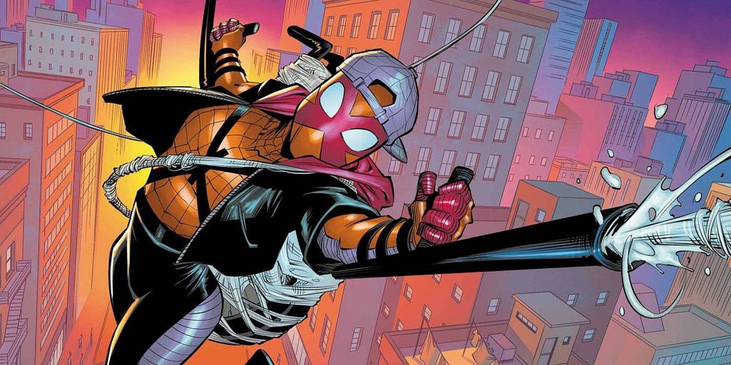 Sun-Spider Spider Man shots web from the end of her left crutch as she is mid-swing.