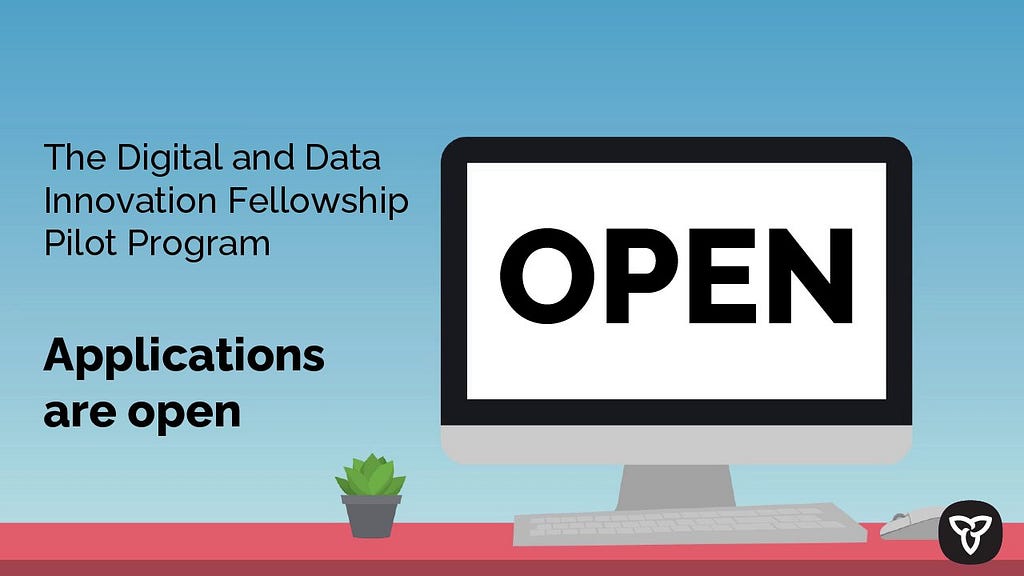 A graphic with the words “OPEN” on a computer screen, highlighting in bold letters that applications for the Digital and Data Innovation Fellowship program are now open.