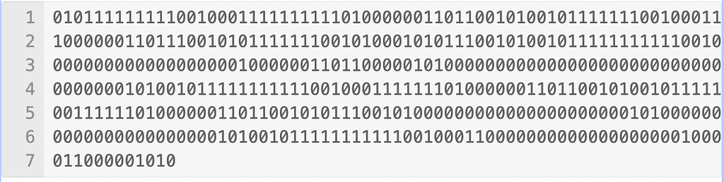 7 lines of binary code consisting of 1s and 0s