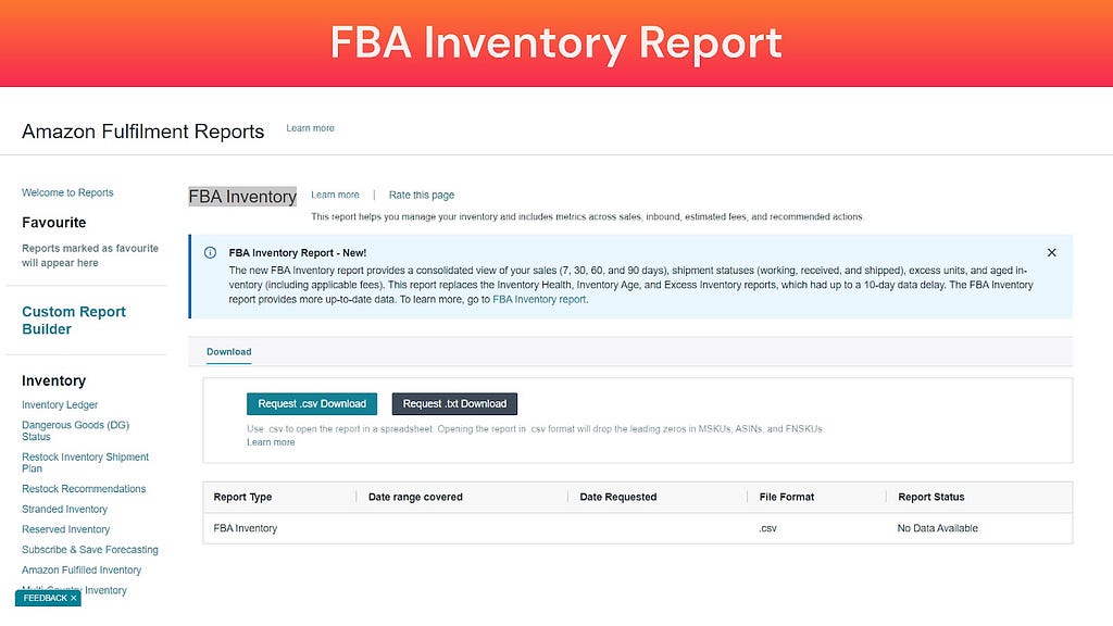 Screenshot of FBA Inventory Report (Amazon Fulfillment Reports)