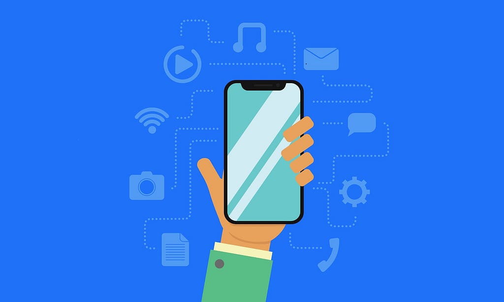 hand holding phone with teal screen, against blue background with various phone icons