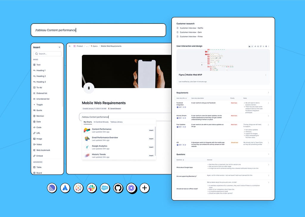 A collage showing the Cardinal product UI, specifically a document with available content block types to the left, and a more mature document body example to the right that shows a mix of metrics, integration embeds, and some interaction affordances.