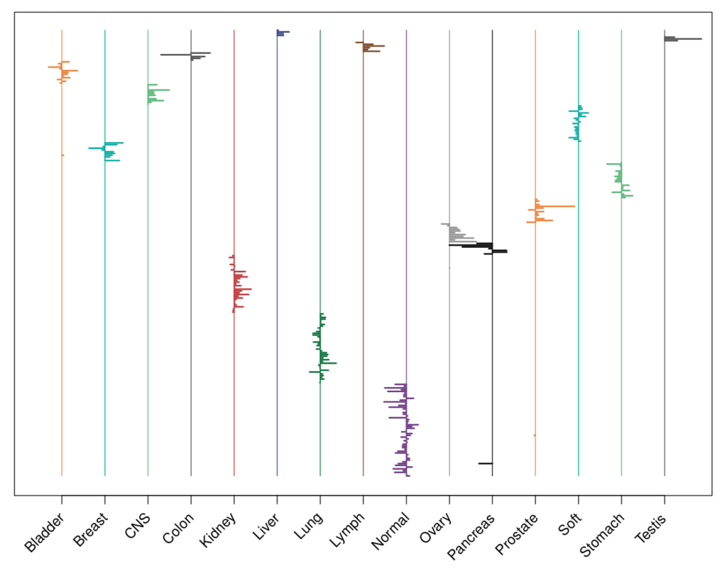 This figure illustrates 15 different tissue types with genes lined from top to bottom. A LASSO-regularized multinomial classifier shows a relatively small number of genes as significant (254 of 4,718 genes), with bars to the right indicating positive coefficients and bars to the left indicating negative coefficients. Photo from Statistical Learning with Sparsity (2015).