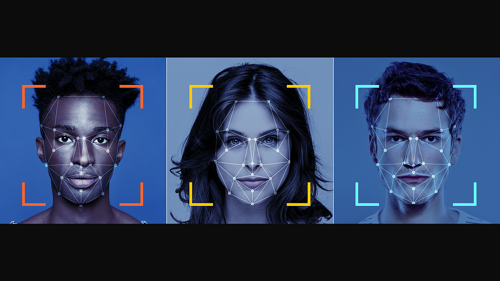 Dotted connections drawn over the faces of three individuals, symbolizing facial recognition technology.