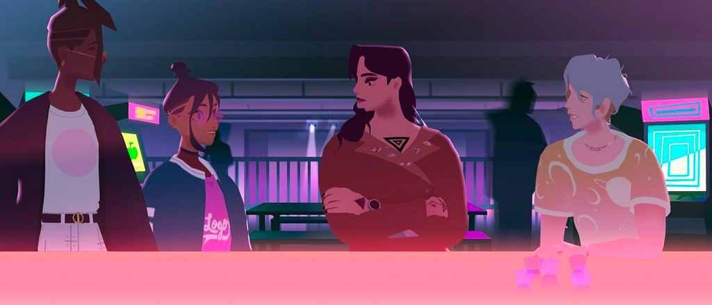 A group of four young people stand at a bar. They seem to be in the middle of a conversation. Itsumi, one of the women in the group, appears to have just had an epiphany. Everyone else in the group is looking in her direction.