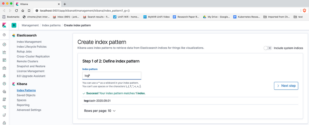 picture of the kibana screen to manage indexes