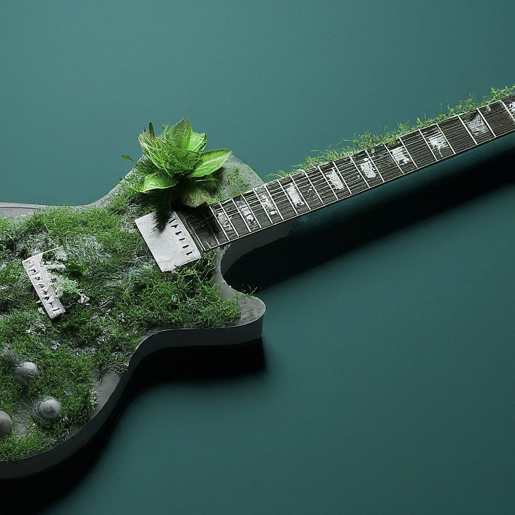 A guitar partially covered in vibrant green moss and plants, representing the harmonious relationship between music and sustainability in the context of musicians supporting the green transition. The dark body of the guitar contrasts with the lush greenery, with a plant with broader leaves adding diversity to the vegetation. The fretboard extends outwards, untouched by the greenery, against a solid dark teal background.