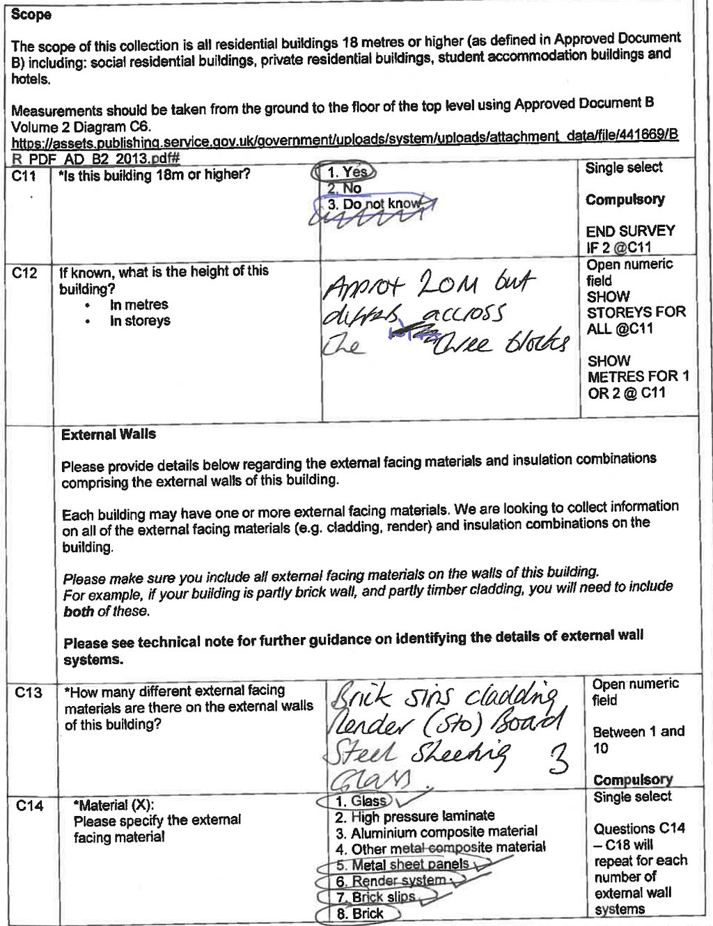 A page of the EWS questionnaire, completed by hand and returned by a building owner.