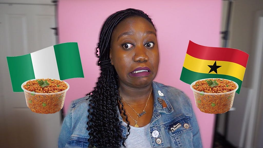 Woman deciding between nigerian or ghanian jollof rice