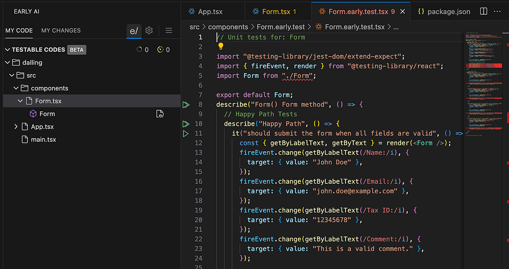 Using EarlyAI to generate an entire test suite from a description of the component