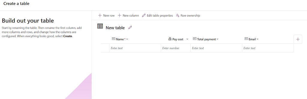 ALT TXT: An image showing how to build a data table in Power Apps.