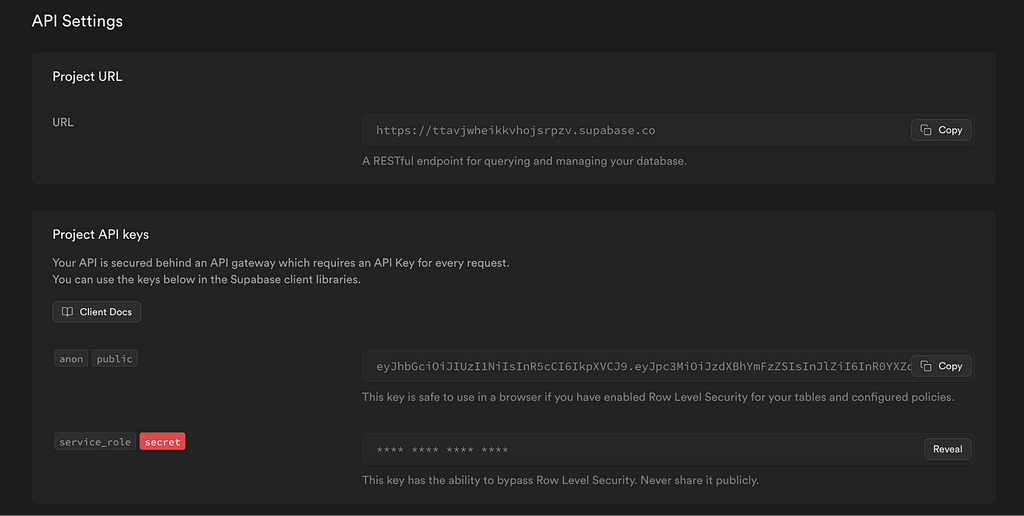 Supabase API settings reference