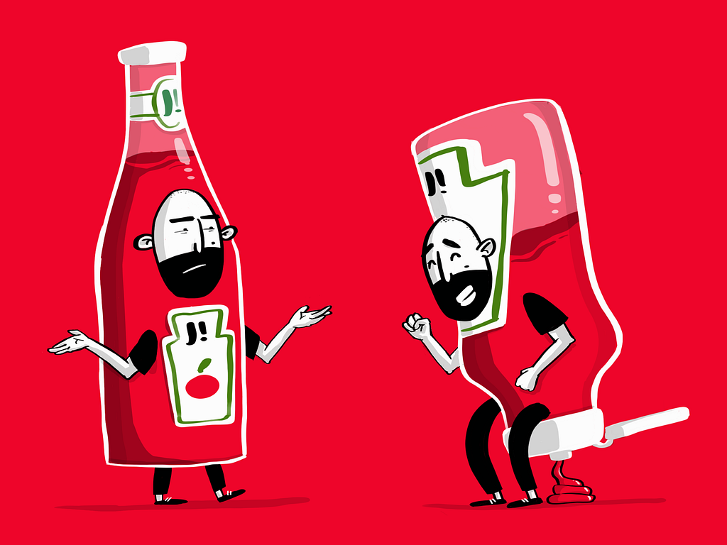 A cartoon of two ketchup bottles, in reference to their different experiences.