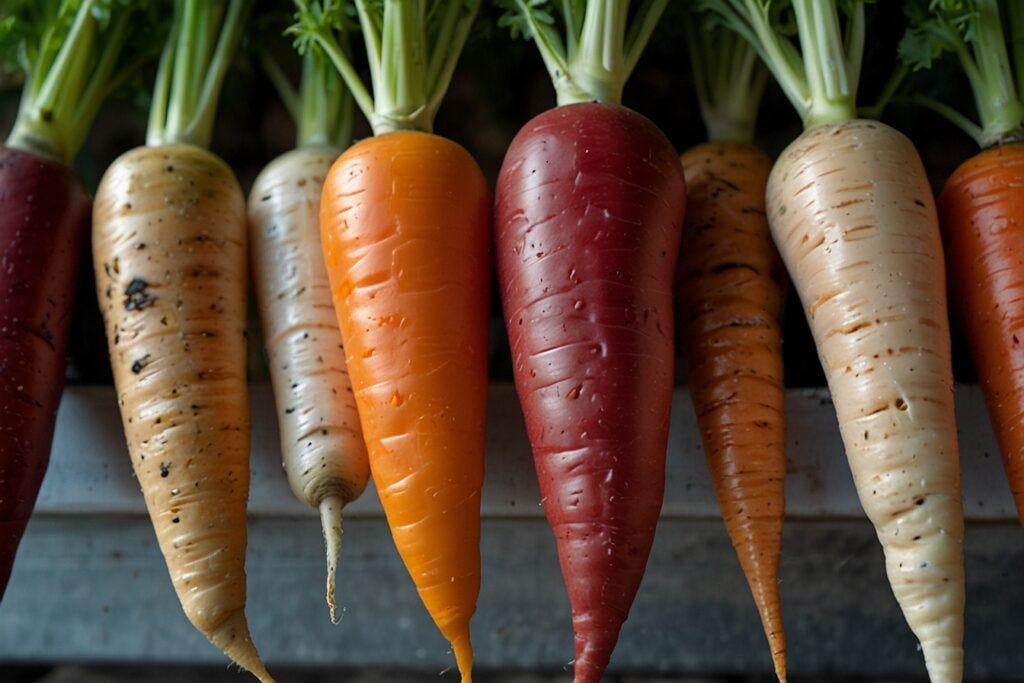 A row of colorful hydroponic carrots in shades of yellow, orange, and deep red, with green tops, aligned on a gray surface.