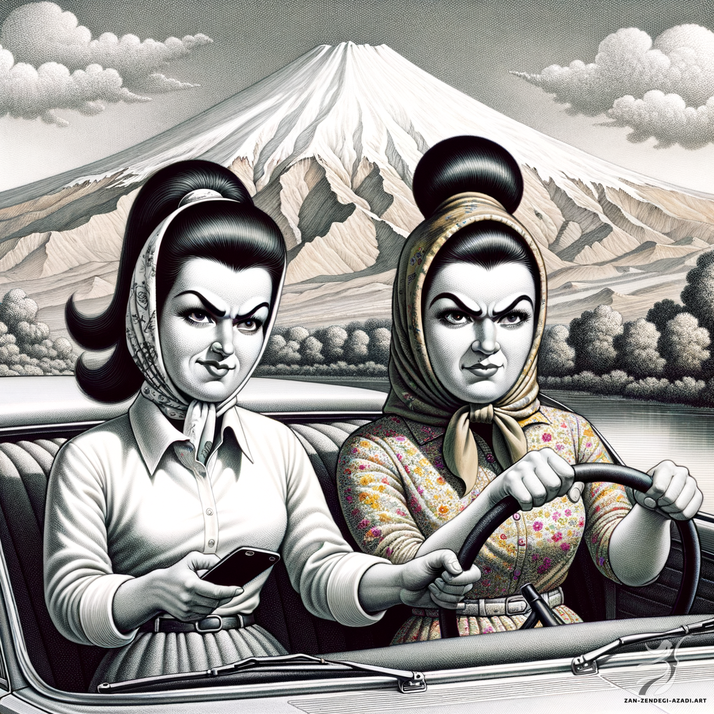 Two Iranian women one of them with a ponytail hairstyle and wearing shirt dress and the other with a top knot hairstyle and wearing floral print dress are driving a car safely in a landscape and Mount Damavand in the background , rendered in a voluminous, exaggerated style, with an emphasis on rounded forms and satirical portrayals