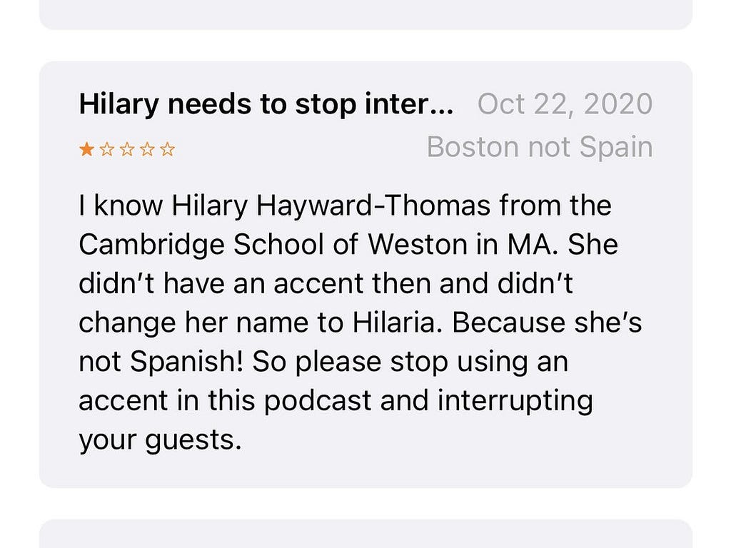 A review left on Baldwin’s podcast, “Mom Brain.”