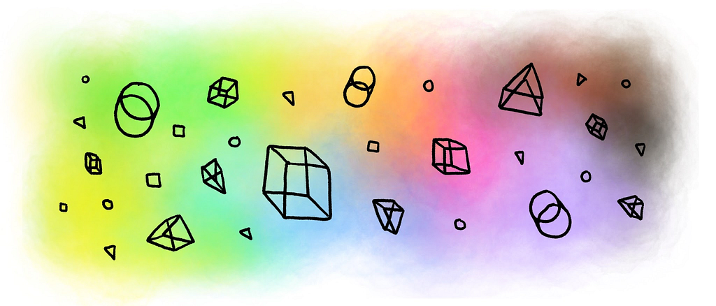 Illustration of circles, triangles and squares over a blended rainbow of colors.