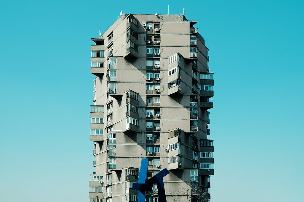 Yugoslavia Serbia Socialism Realism Brutal Architecture Grey Skyscraper Building Blue Sky Housing