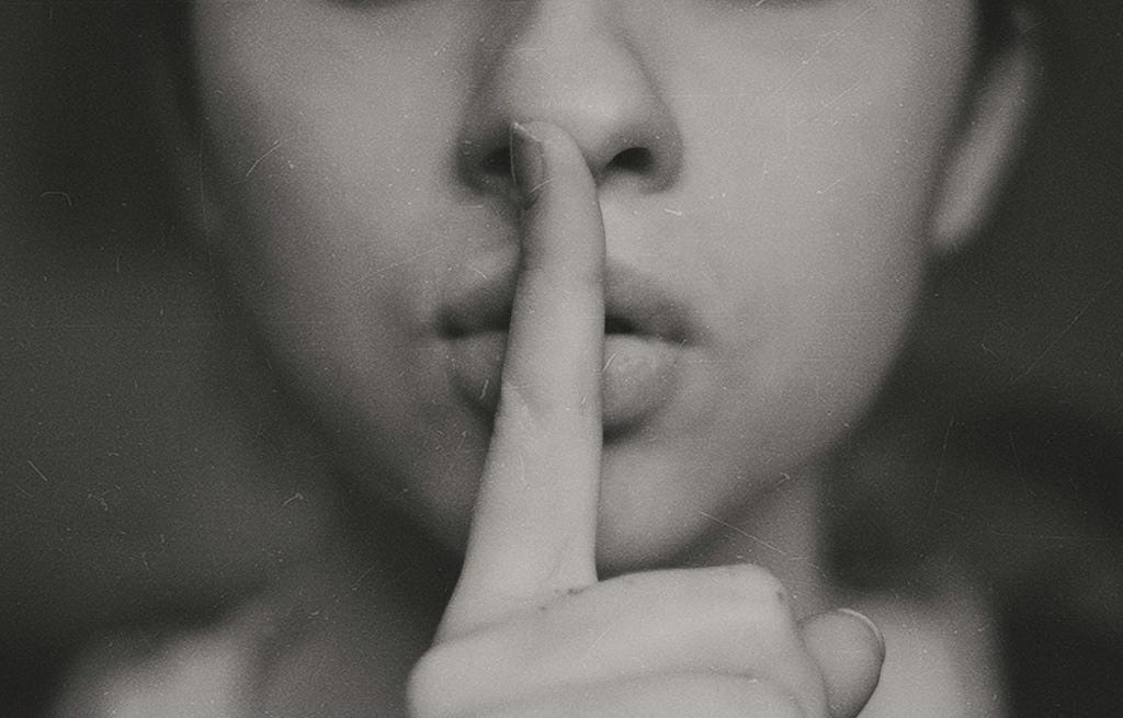 Black and white photo of woman’s partial face from nose to chin as she holds her index finger to her lips — the universal sign for quiet or hush!