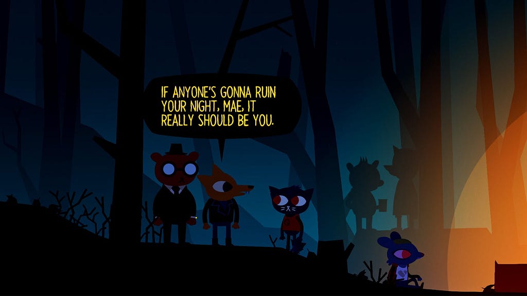 A bear, a fox, and a cat approach a party in the woods. The fox, Gregg, says to the cat, “If anyone’s gonna ruin your night, Mae, it really should be you.”