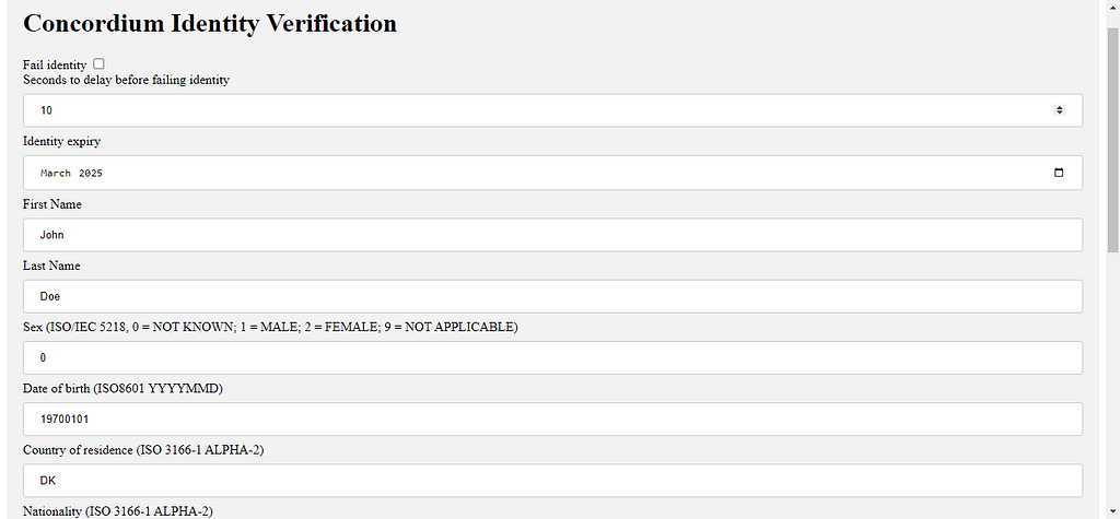 Image of the Concordium identity verification form