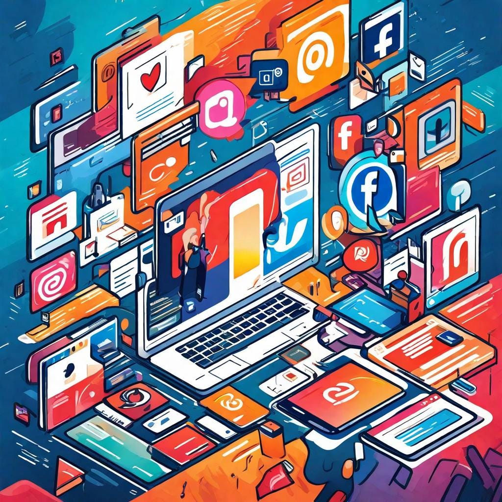 A digital illustration featuring a collage of social media platforms, each showcasing different content tailored for their specific audience.