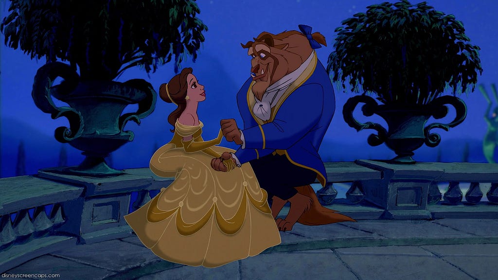 Belle and the Beast sitting on the balcony after the dance scene