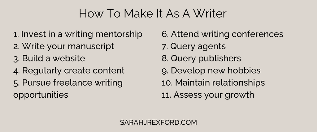 graphic of the eleven tips discussed in the article — how to make it as a writer