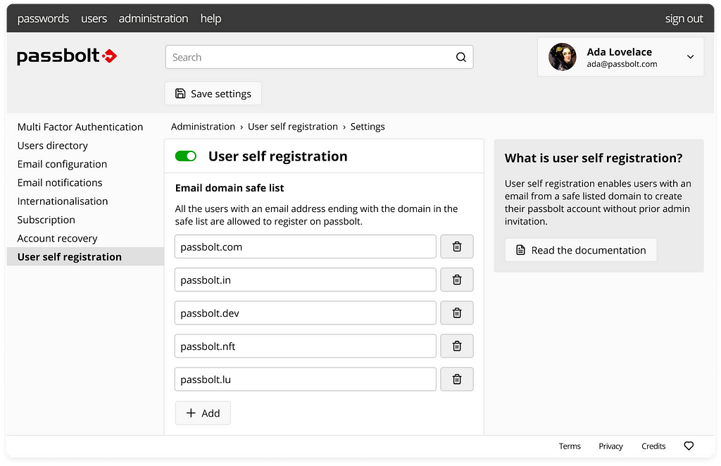 Admin workspace for User Self-Registration with Passbolt