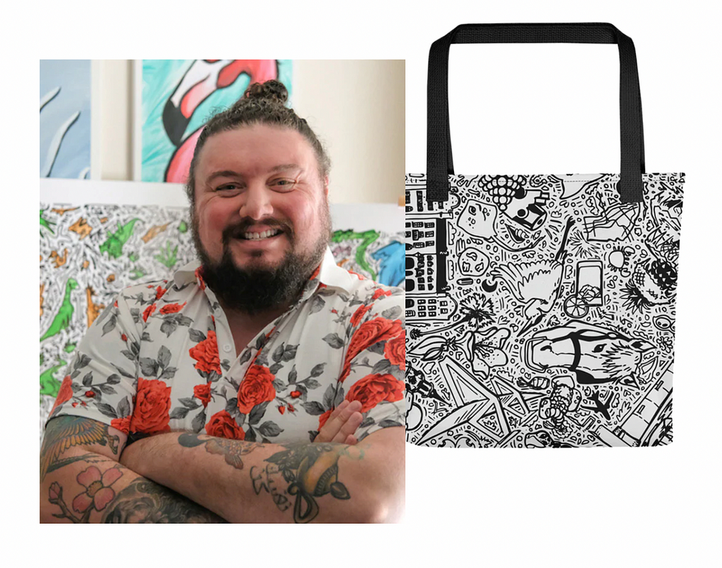 A bearded white man in a floral button-up shirt stands with his arms crossed, smiling. Behind him are colorful designs featuring dinosaurs and a flamingo. On the right, a tote bag with his design, of Charleston landmarks, appears.