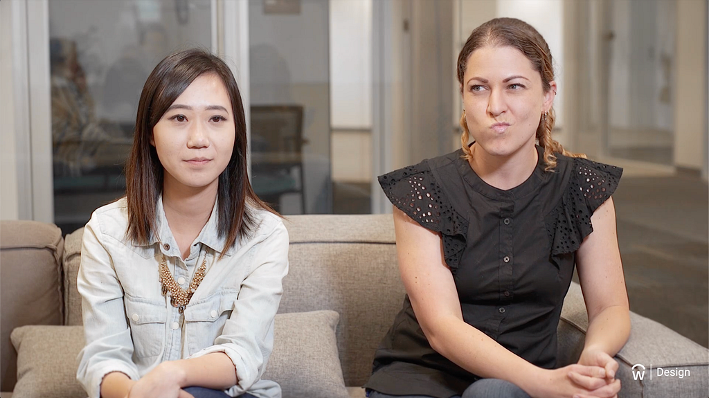 Video still of 2 women, Cynthia Kim and Stella Zubeck, considering their 1-word responses to the question, “What is Design?”