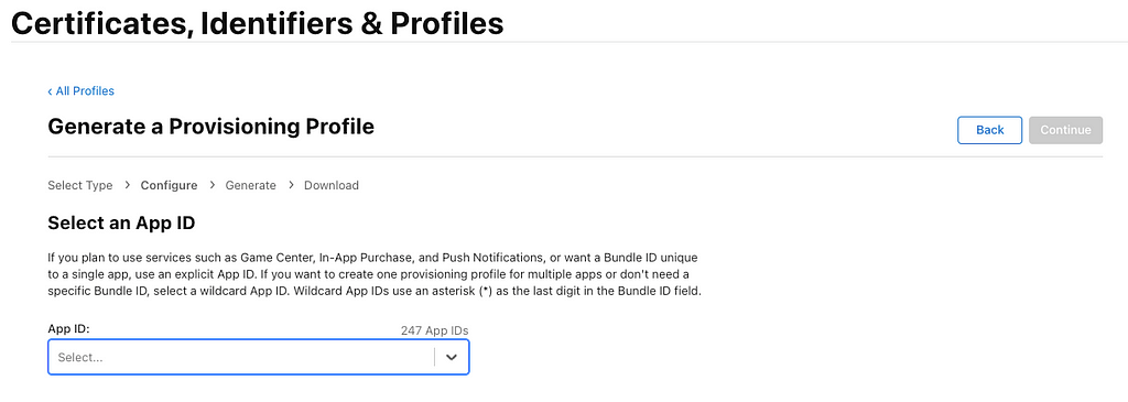 A view of the Apple Developer Portal Generate a Provisioning Profile page