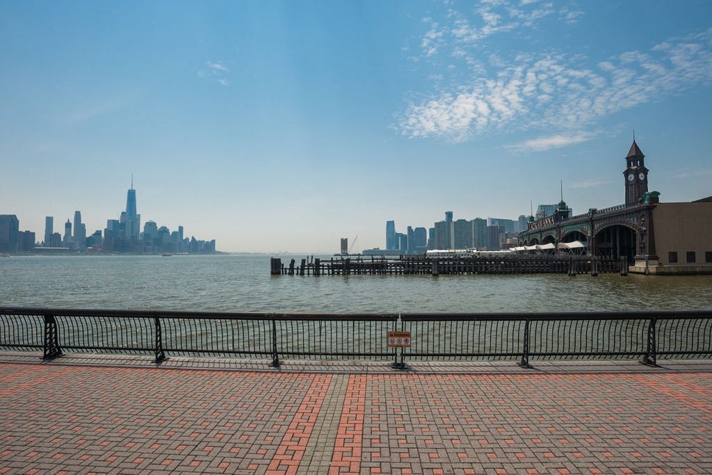 Clear view of the Hoboken waterfront on a beautiful day in New Jersey