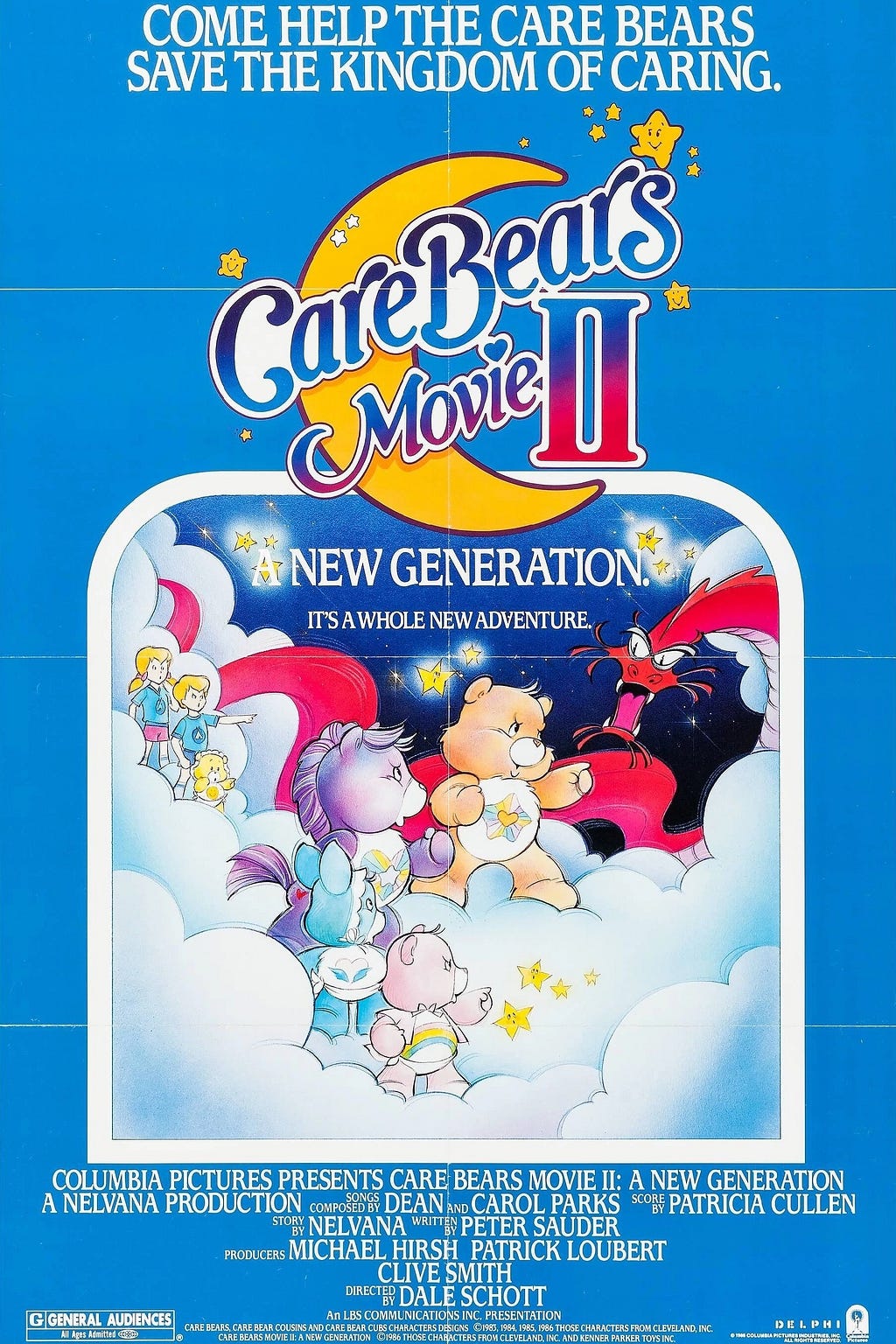 The theatrical poster for “the Care Bears Movie II”, featuring several cuddly, colourful teddy-bear creatures facing off against a serpent. All our stood on a cloud against a starlit background.
