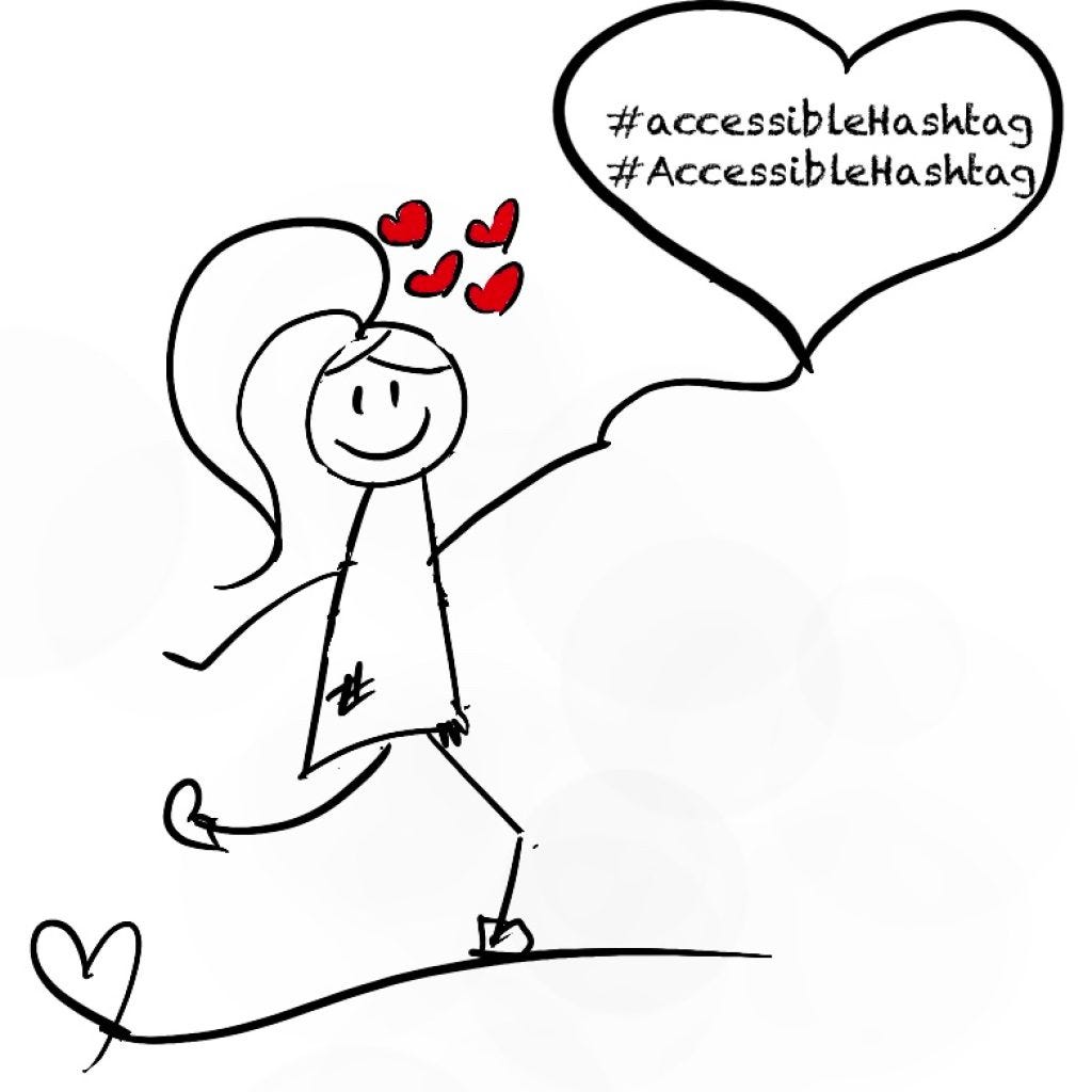 Stick figure Lilly holding a heart balloon with accessible hashtags