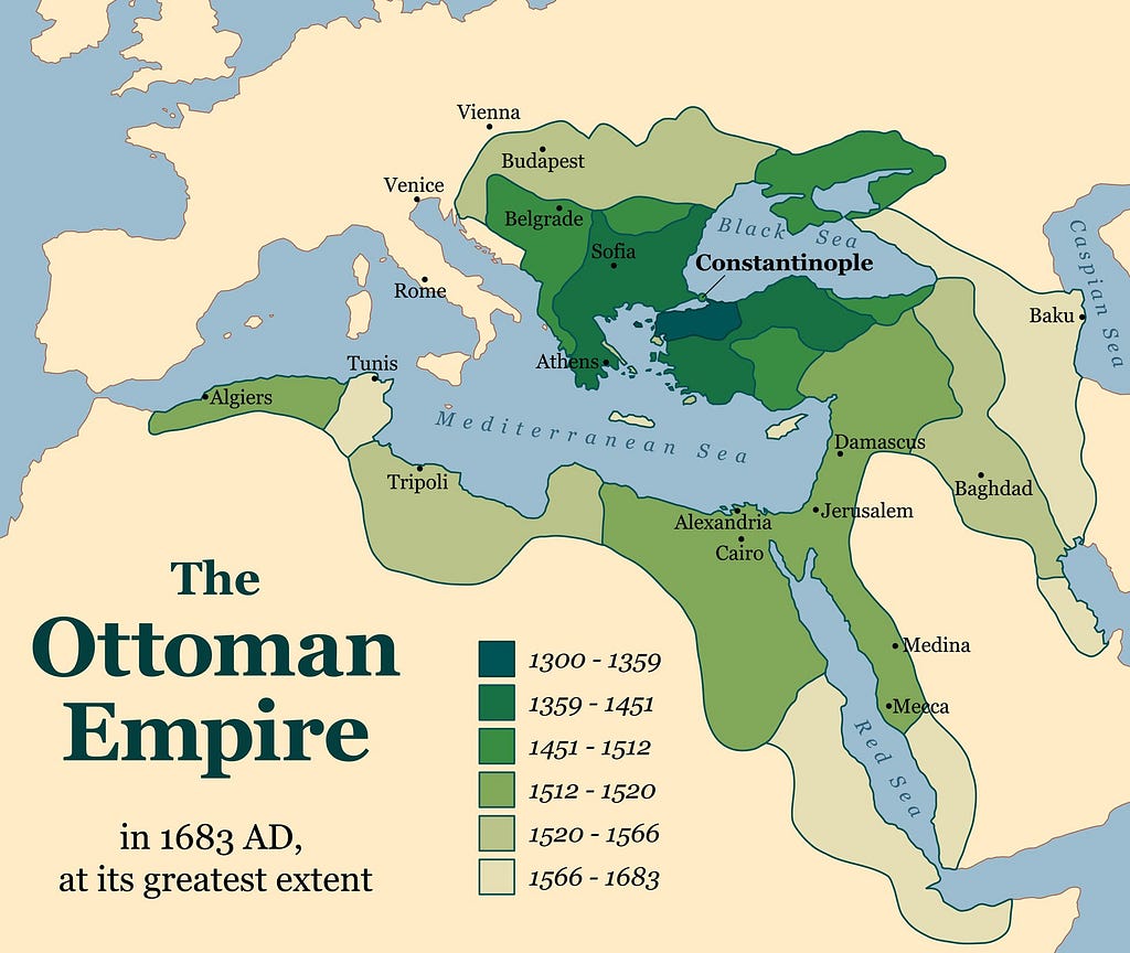 Map illustrating the Ottoman Empire at its greatest extent in 1683 AD, showing territorial expansion over time.