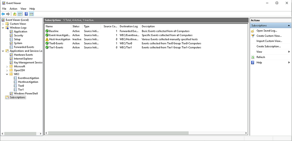 Viewing the created subscriptions on the Windows Event Collector server