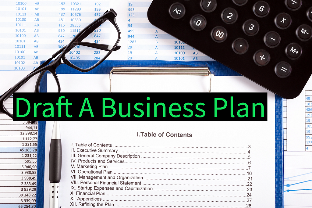 Business plan, entrepreneur, startup plan objectives, pen, calculator, blue clipboard, spectacles