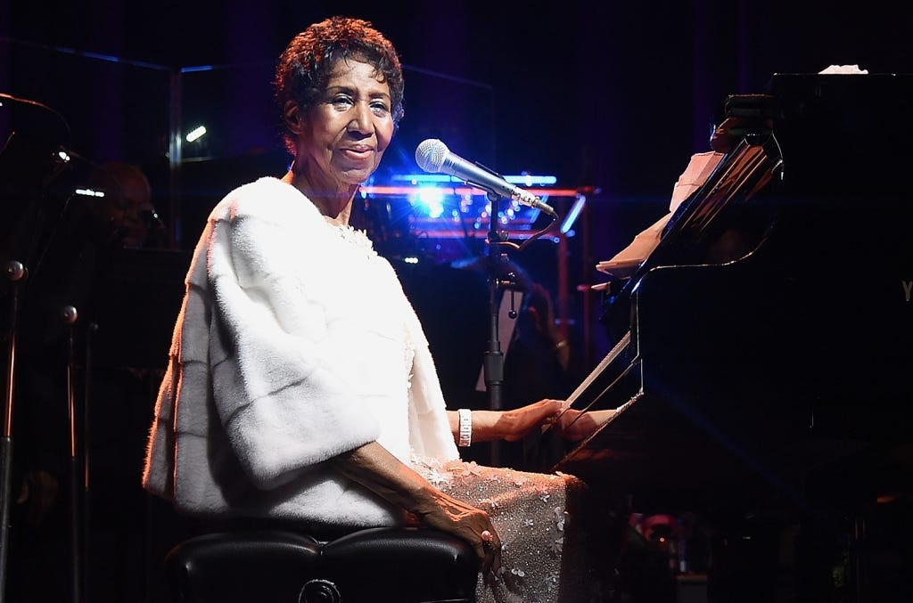 Photo of Aretha Franklin's stage performance during the 25th Year of Elton John's AIDS Foundation. This performance happened during the New York Fall Galla at the Cathedral of St. John in 2017.