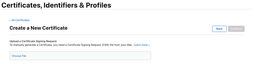 A view of the Apple Developer Portal Create a New Certificate page